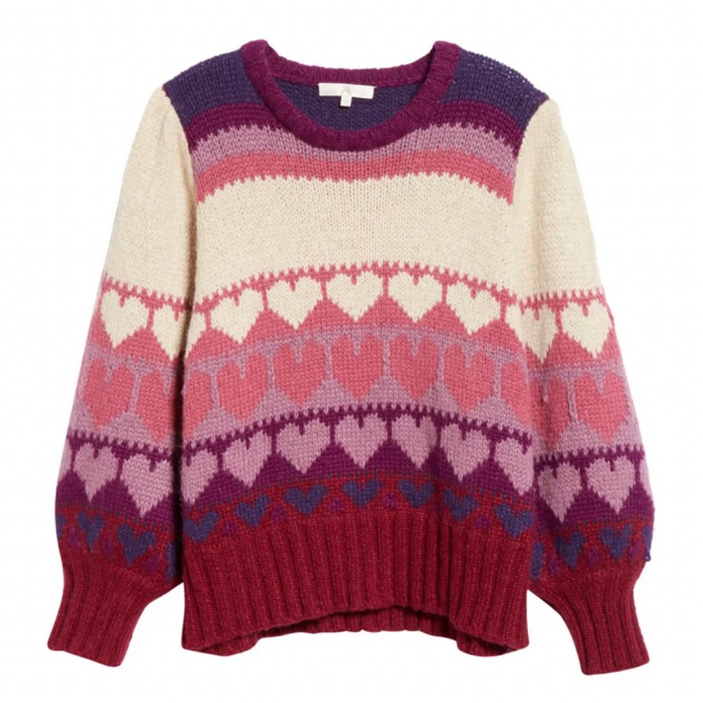 LoveShackFancy Prune/Multicolor Shirelle Heart Balloon-Sleeve Pullover Sweater